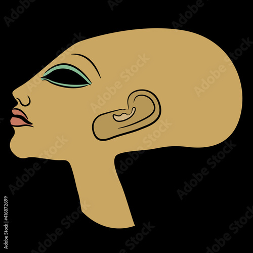 Portrait of bald ancient Egyptian princess with elongated head in profile. Daughter of pharaoh Akhenaten. Amarna style. 