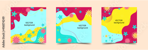 Set of vector backgrounds with abstract shapes and flowers, for social networks, advertising. Bright funny brochure cover template. Place for text