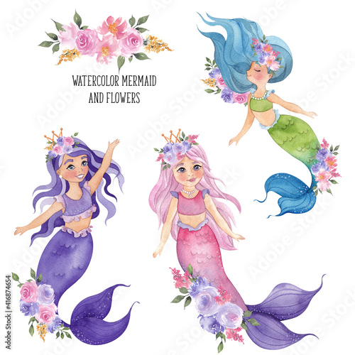 Watercolor cute mermaid with flowers composition, isolated on white background