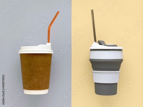 Disposable coffee cup vs reusable mug, ecology concept, recyclable photo