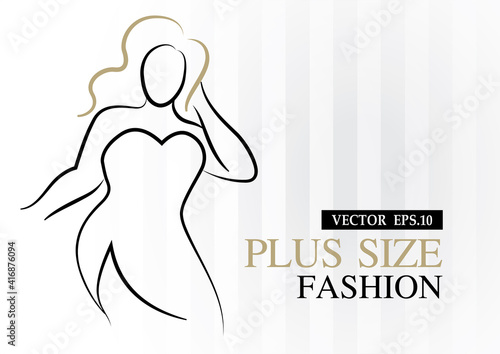 Fashionable plus size woman line art illustration vector on striped background.