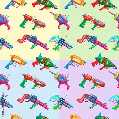 Four color vector cartoon style seamless pattern of kids colorful blasters.
