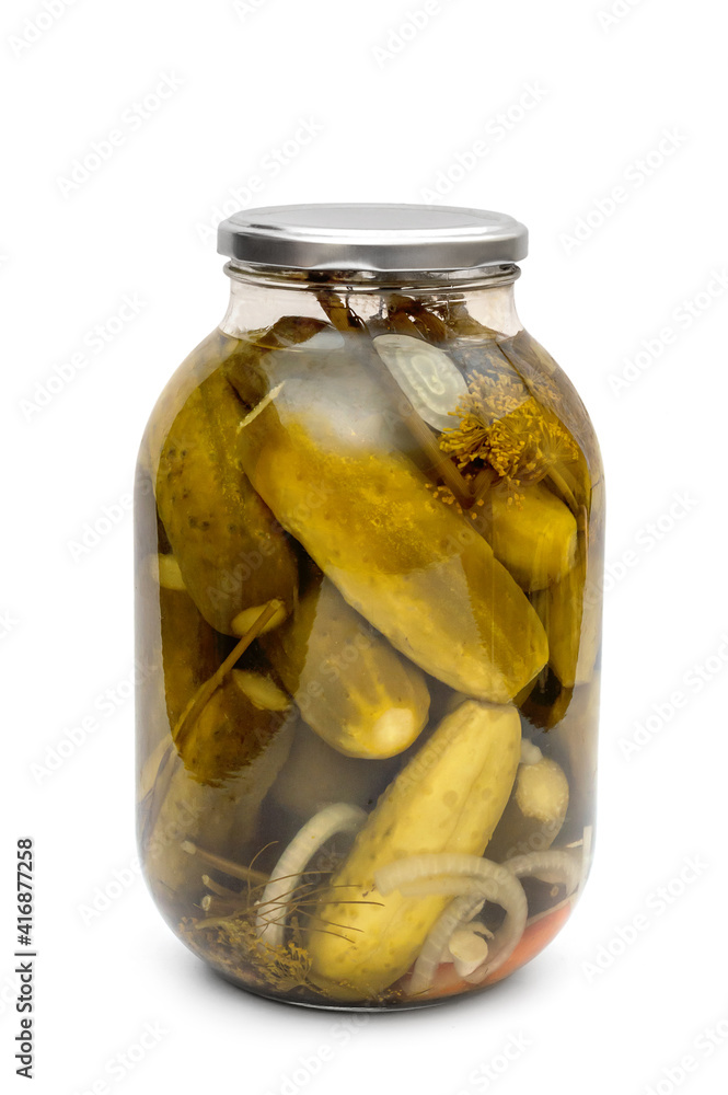 Glass jar with marinated cucumbers. Isolated on white. Glass jar with marinated cucumbers. Isolated on white.