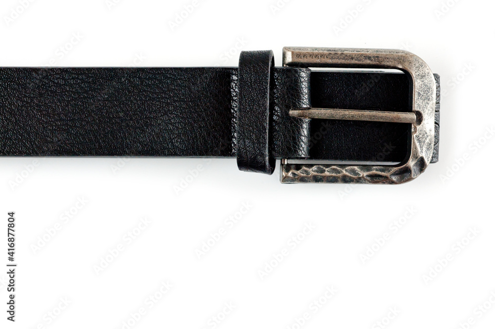 Black faux leather belt with classic buckle for trousers and jeans. Black faux leather belt with classic buckle for trousers and jeans.