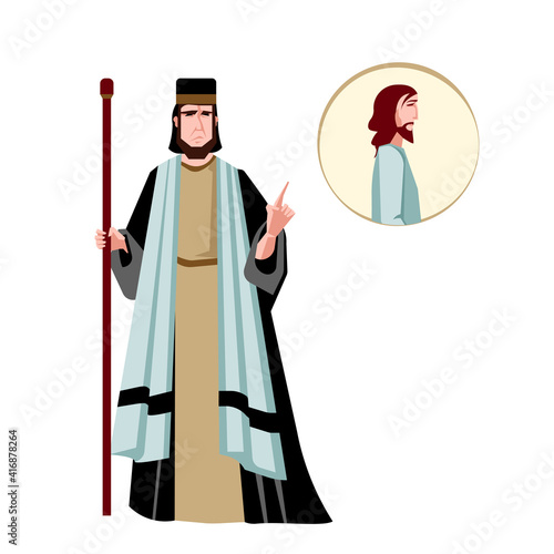 Colorful image of a Pharisee pointing his finger at Jesus Christ, simple flat cartoon illustration for the gospels, figure of a religious holy men in traditional clothes, characters isolated on white.