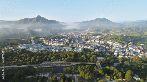 Aerial view of beautiful countryside in early morning mist