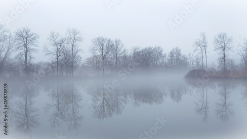 Early morning misty landscape over the lake. Reflection of leavesless trees in water