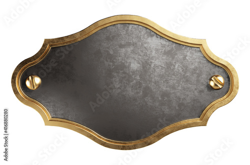 Empty metal plate with brass border. Steampunk style. Clipping path included. 3d illustration