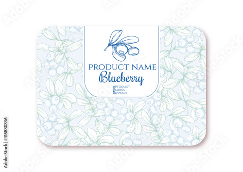 Blueberry Ripe berries. Template for product label, cosmetic packaging. Easy to edit. Graphic drawing, engraving style. Vector illustration.