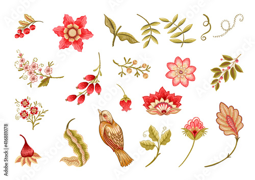 Fantasy flowers in retro, vintage, jacobean embroidery style. Embroidery imitation isolated on white background. Vector illustration. Set of elements for design, clip art.