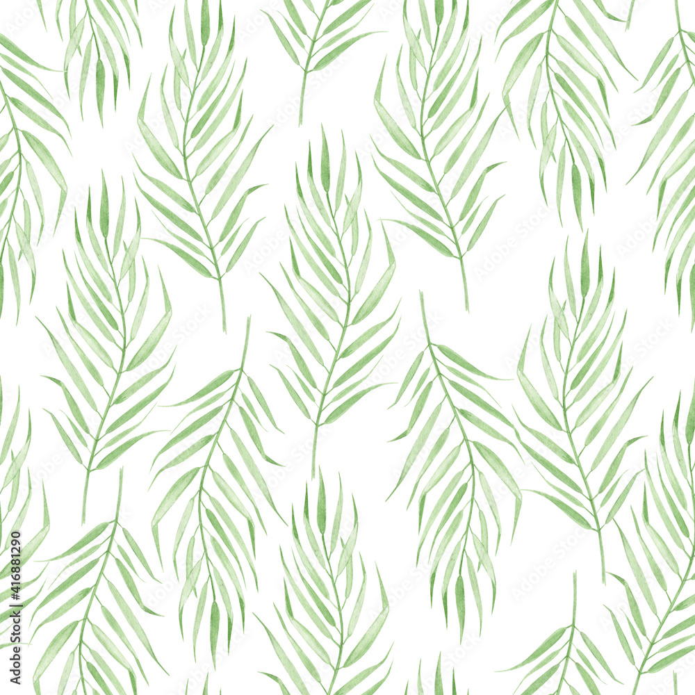 Palm leaves on an isolated background, in boho style. Watercolor seamless pattern, for printing, on fabric and paper.