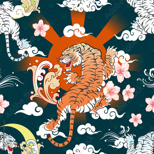Seamless Art Japanese Repeat Pattern of Crawling White and Orange Tiger on Clouds with Red Sun with Radiant and Crescent Moon with Sakura Flower on Diamond Repeat Pattern Dark Background Vector Design