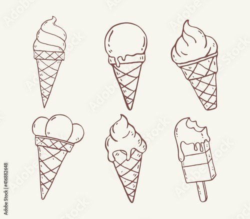 Doodle set of ice cream on paper background .vector illustration with ice cream cone 