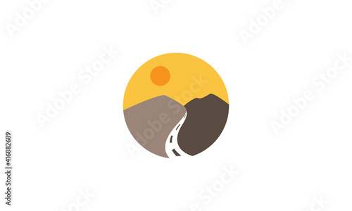 mountain with road way and sunset logo design vector icon symbol illustration