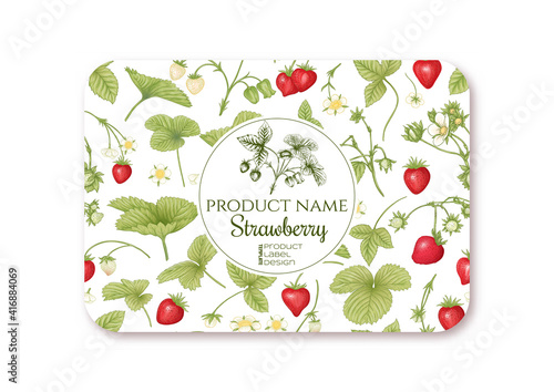 Strawberry. Ripe berries. Template for product label, cosmetic packaging. Easy to edit. Graphic drawing, engraving style. Vector illustration
