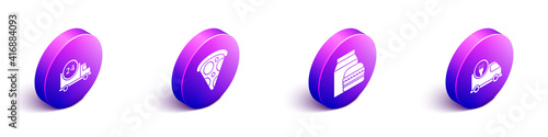 Set Isometric Fast delivery by car, Slice of pizza, Online ordering and burger delivery and Fast delivery by car icon. Vector.