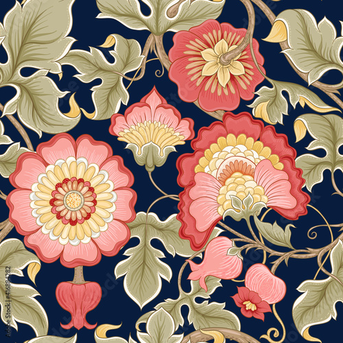 Fantasy flowers in retro, vintage, jacobean embroidery style. Seamless pattern, background. Vector illustration. Isolated on white background.