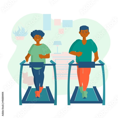 Smart african american man and woman on treadmill Workout at home Cartoon illustration