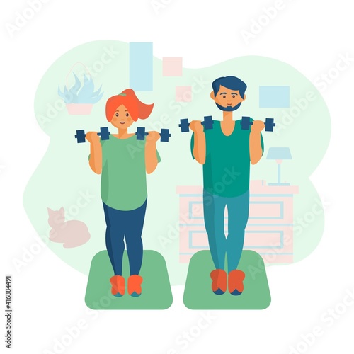 Smart man and woman doing exercises with dumbbells Workout at home Cartoon illustration