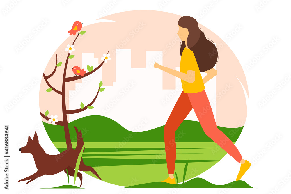 Woman running with the dog in the park. Cute spring illustration in flat style.