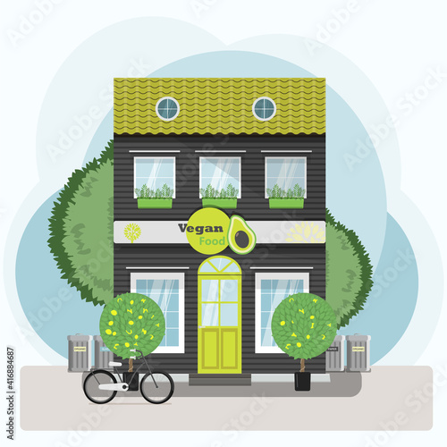Vegan Restaurant exterior vector illustration. Flat design of facade. Cafe building concept. Grey two-story restaurant in the European style. Illustration of a city street. Healthy food delivery and