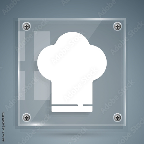 White Chef hat icon isolated on grey background. Cooking symbol. Cooks hat. Square glass panels. Vector.