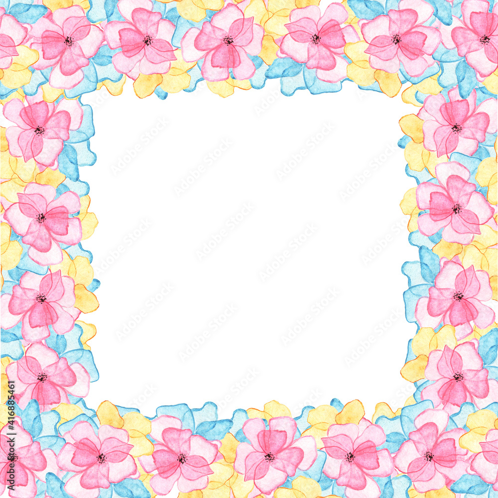 Floral Frame with watercolor multicolored pink flowers with blue and yellow petals. Delicate botanical illustration, wedding invitation.