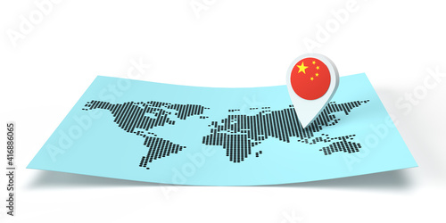 A 3D rendered country map locator pointing on a global destination on a flat world map. The symbol has the Chinese flag. The illustration is isolated on white background with shadow copy space