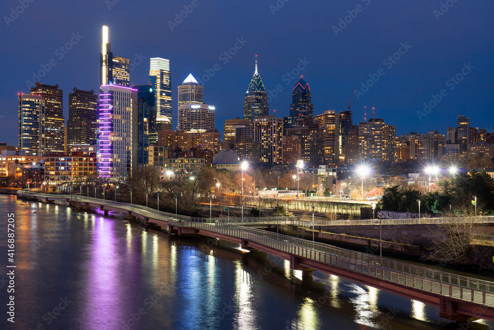 Scene of Philadelphia cityscape river side at the twilight time, USA downtown skyline,pennsylvania, United state of america,  Architecture and building,travel with tourist concept