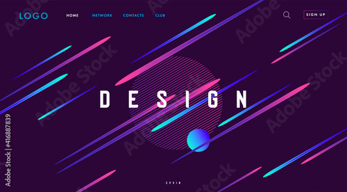 Website home page banner with bright abstract composition of lights rays with circles like space artistic picture, with interface elements