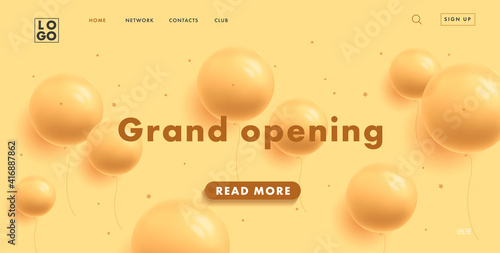 grand opening web banner for shopping mall website home page placeholder with yellow round 3d balloons on yellow background
