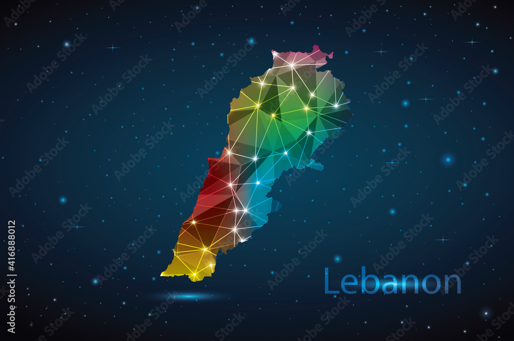 Abstract Polygon Map of Lebanon. Vector Illustration Low Poly Color Rainbow on Dark Background. Abstract Polygon Map of Lebanon. Vector Illustration Low Poly Color Rainbow on Dark Background.