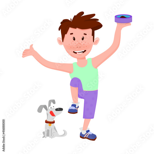 Cute boy in shorts stands on one leg next to a puppy - cartoon style