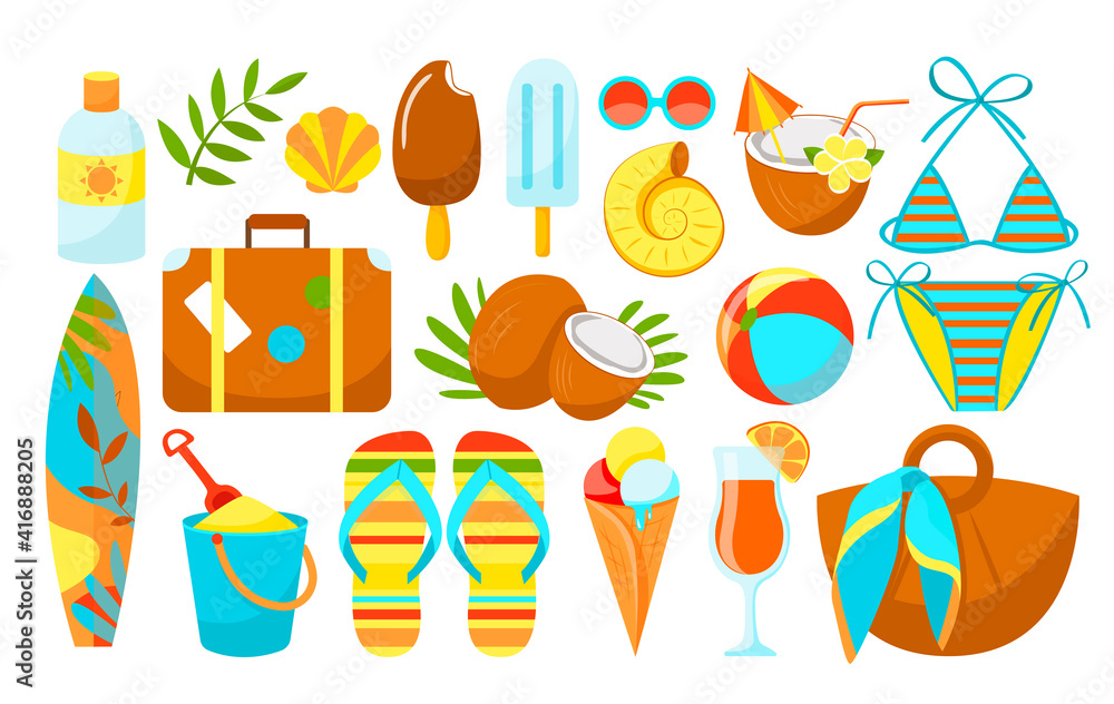 Summer items. Beach theme. Hello summer. The set includes ice cream, cocktails, coconut, swimsuit, beach bag, suitcase, sunscreen, surfboard, shells, slans, bucket with a shovel. Believe illustration Summer items. Beach theme. Hello summer. The set includes ice cream, cocktails, coconut, swimsuit, beach bag, suitcase, sunscreen, surfboard, shells, slans, bucket with a shovel. Believe illustration