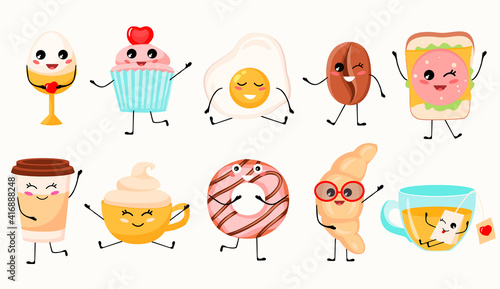 kawaii breakfast set. tea bag, cupcake cake, donut, coffee, coffee bean, sandwich, croissant, scrambled eggs, egg. Vector illustration.