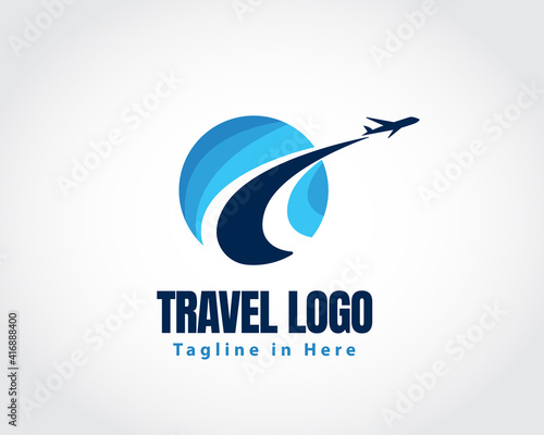 airplane flight around ocean circle logo symbol design illustration inspiration