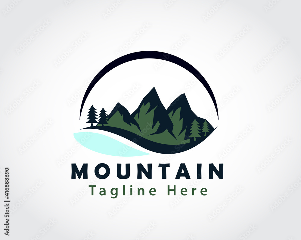 circle Green three mountain rock forest adventure logo symbol design illustration inspiration