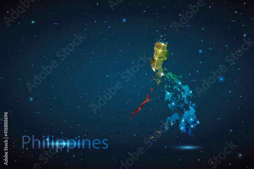 Abstract Polygon Map of Philippines. Vector Illustration Low Poly Color Rainbow on Dark Background.