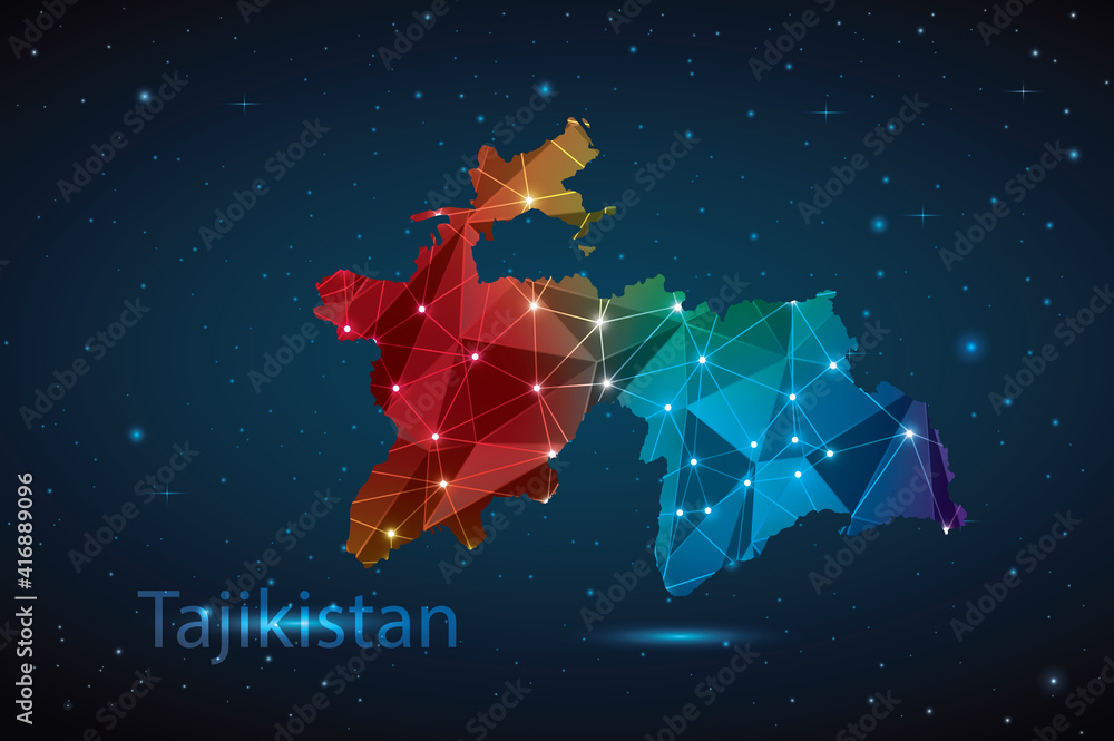 Abstract Polygon Map of Tajikistan. Vector Illustration Low Poly Color Rainbow on Dark Background. Abstract Polygon Map of Tajikistan. Vector Illustration Low Poly Color Rainbow on Dark Background.