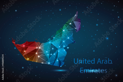 Abstract Polygon Map of United Arab Emirates. Vector Illustration Low Poly Color Rainbow on Dark Background.