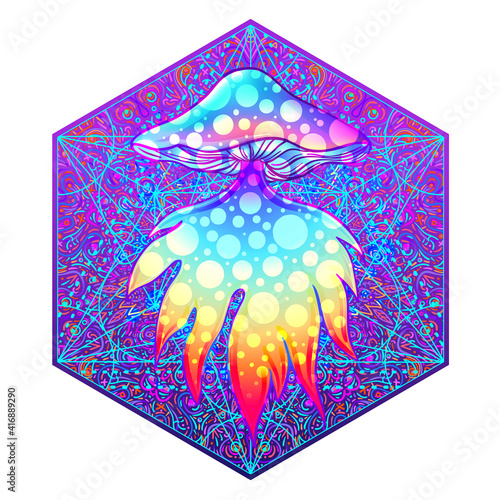 Magic mushrooms. Psychedelic hallucination. Vibrant vector illustration. 60s hippie colorful art.