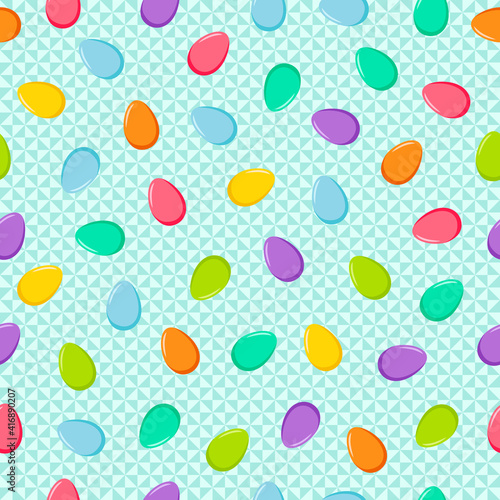 Vector seamless blue triangle pattern with colorful eggs. Easter holiday background for web backdrop, printing on fabric, paper for scrapbooking, gift wrap.