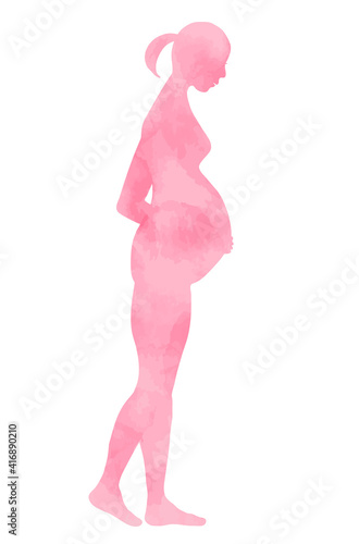 ポニーテールの妊婦のヌードシルエット・ピンク・水彩テクスチャ・立ちポーズ
silhouette of a pregnant woman with pony-tail, nude, pink water color texture, posing, standing.