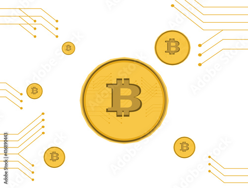 A golden bitcoin vector on technology electron banner background