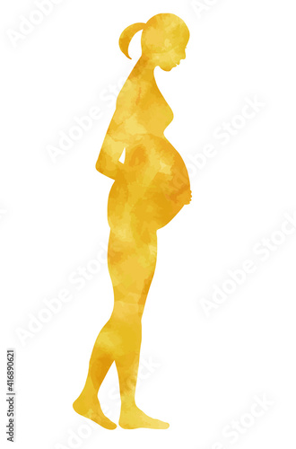 ポニーテールの妊婦のヌードシルエット・黄色・水彩テクスチャ・立ちポーズ
silhouette of a pregnant woman with pony-tail, nude, yellow water color texture, posing, standing.