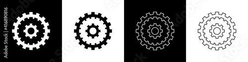 Set Bicycle cassette mountain bike icon isolated on black and white background. Rear Bicycle Sprocket. Chainring crankset with chain. Vector.