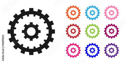 Black Bicycle cassette mountain bike icon isolated on white background. Rear Bicycle Sprocket. Chainring crankset with chain. Set icons colorful. Vector.
