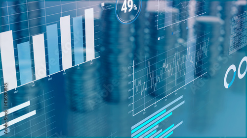 financial charts with stacks of coins on background, concept of stock market or business report, success (3d render)