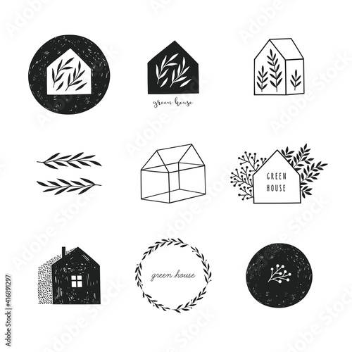 Collection of the hand drawn house and plants icons and logos. Garden, village, farm and house symbols. Vector illustration.