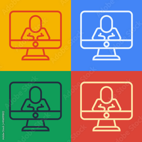 Pop art line Online psychological counseling distance icon isolated on color background. Psychotherapy, psychological help, psychiatrist online consulting. Vector.